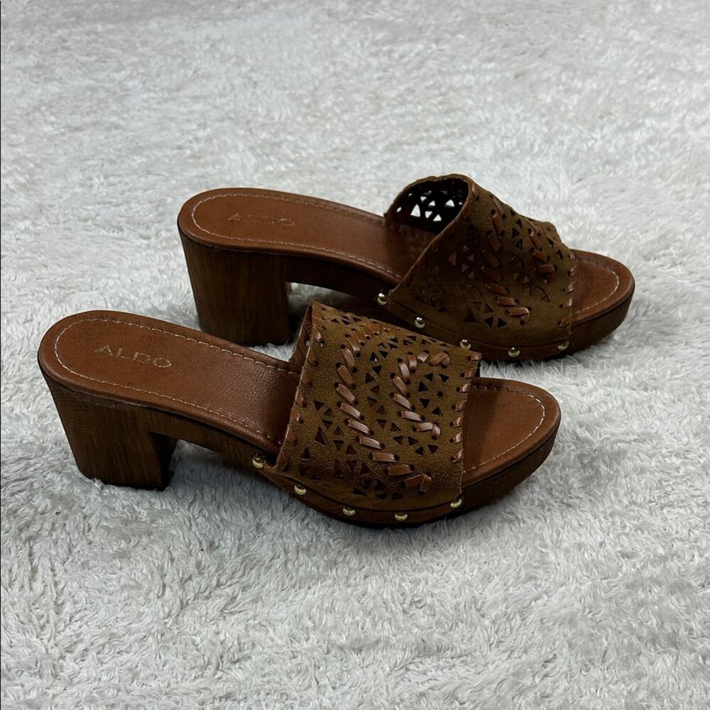 Aldo laser‎ cut wood heel peep toe slide sandals, 39 or 8